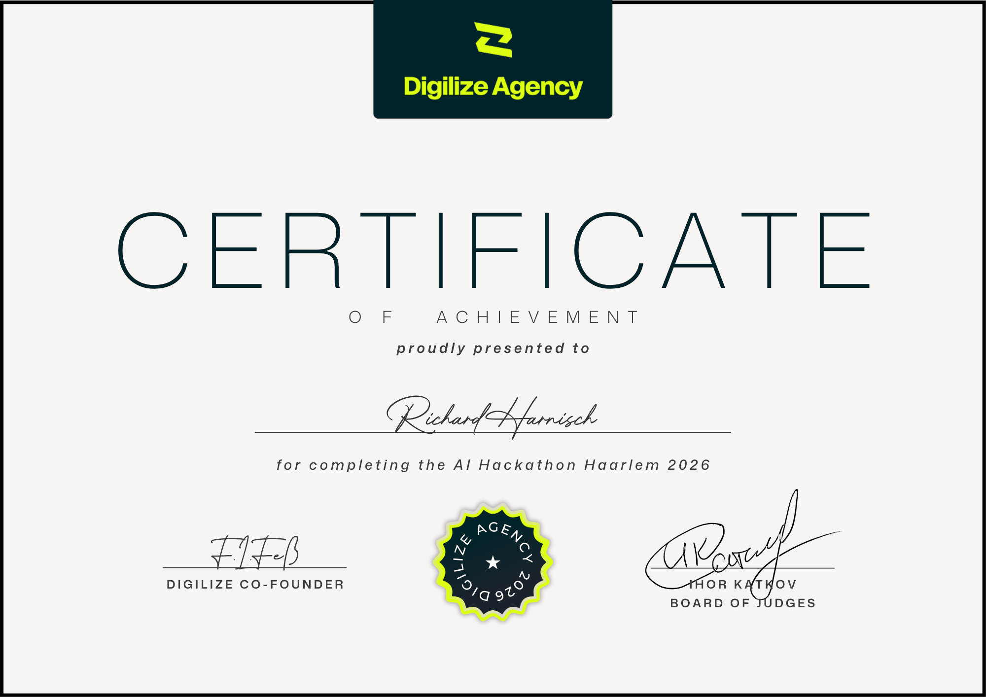 Certificate for Richard Harnisch