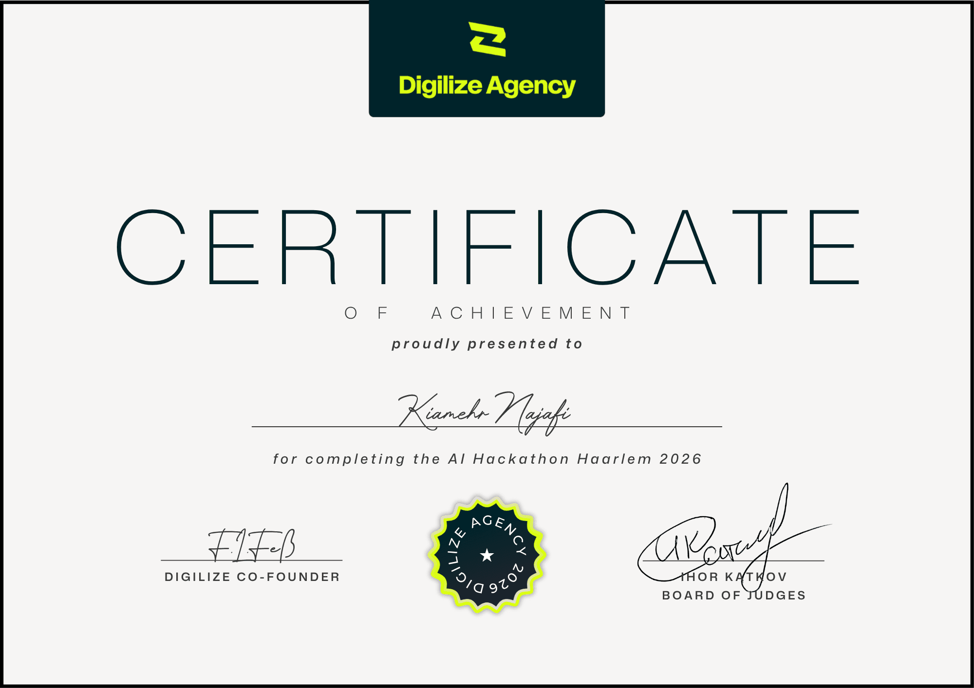 Certificate for Kiamehr Najafi